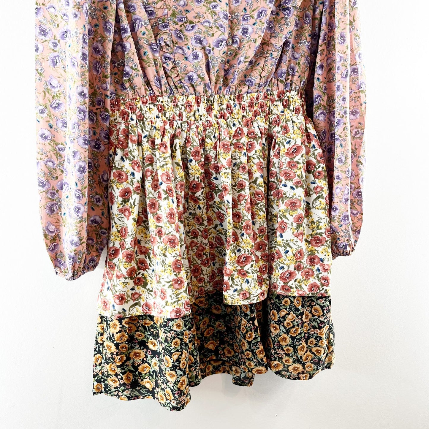 Free The Roses Long Sleeve Floral Tiered Ruffle Mini Dress Purple Cream Medium