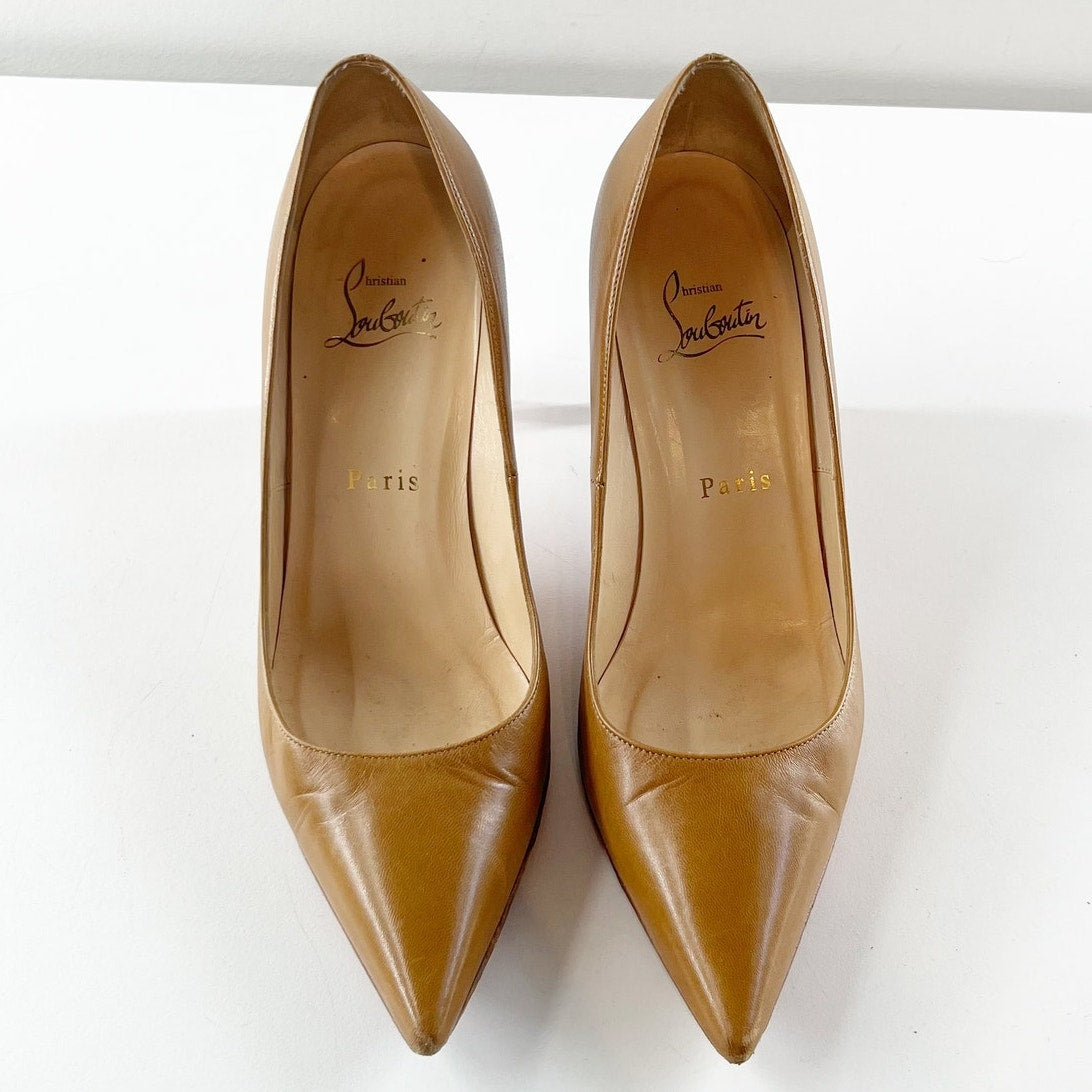 Christian Louboutin Pigalle Pointed Toe Leather Heels Pumps Brown Tan Nude 6.5