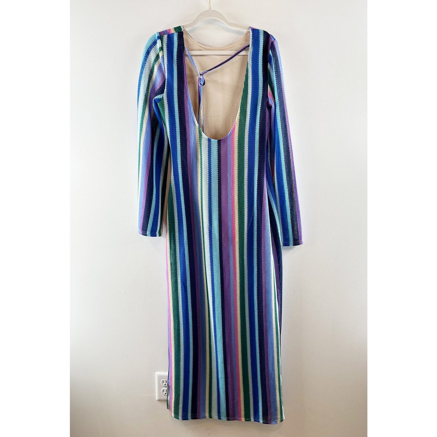 VICI Long Sleeve Striped Knit Rainbow Islas Maxi Dress Blue Purple Medium