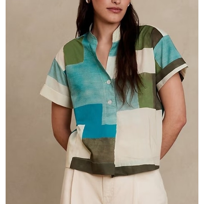 Banana Republic Short Sleeve Cotton Button Front Pleated Back Top Yuzu Zest XL