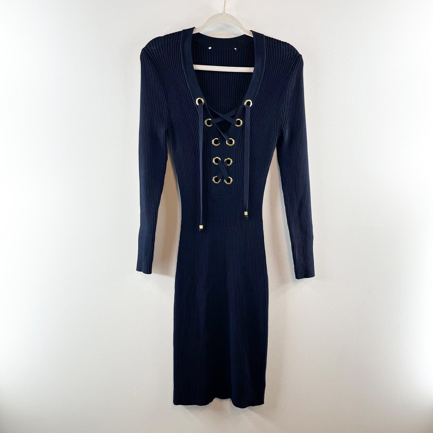 Michael Kors Lace Up Long Sleeve Ribbed Mini Dress Black Small