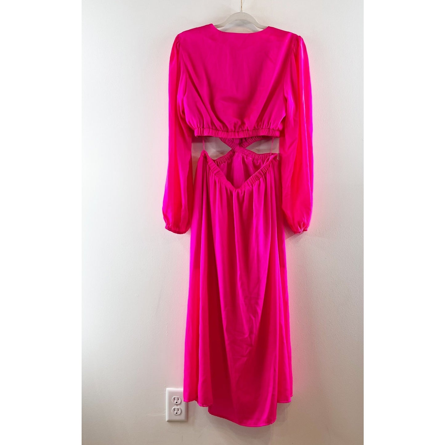 Steve Madden Cerys Long Sleeve Cutout Satin Midi Dress Pink Large