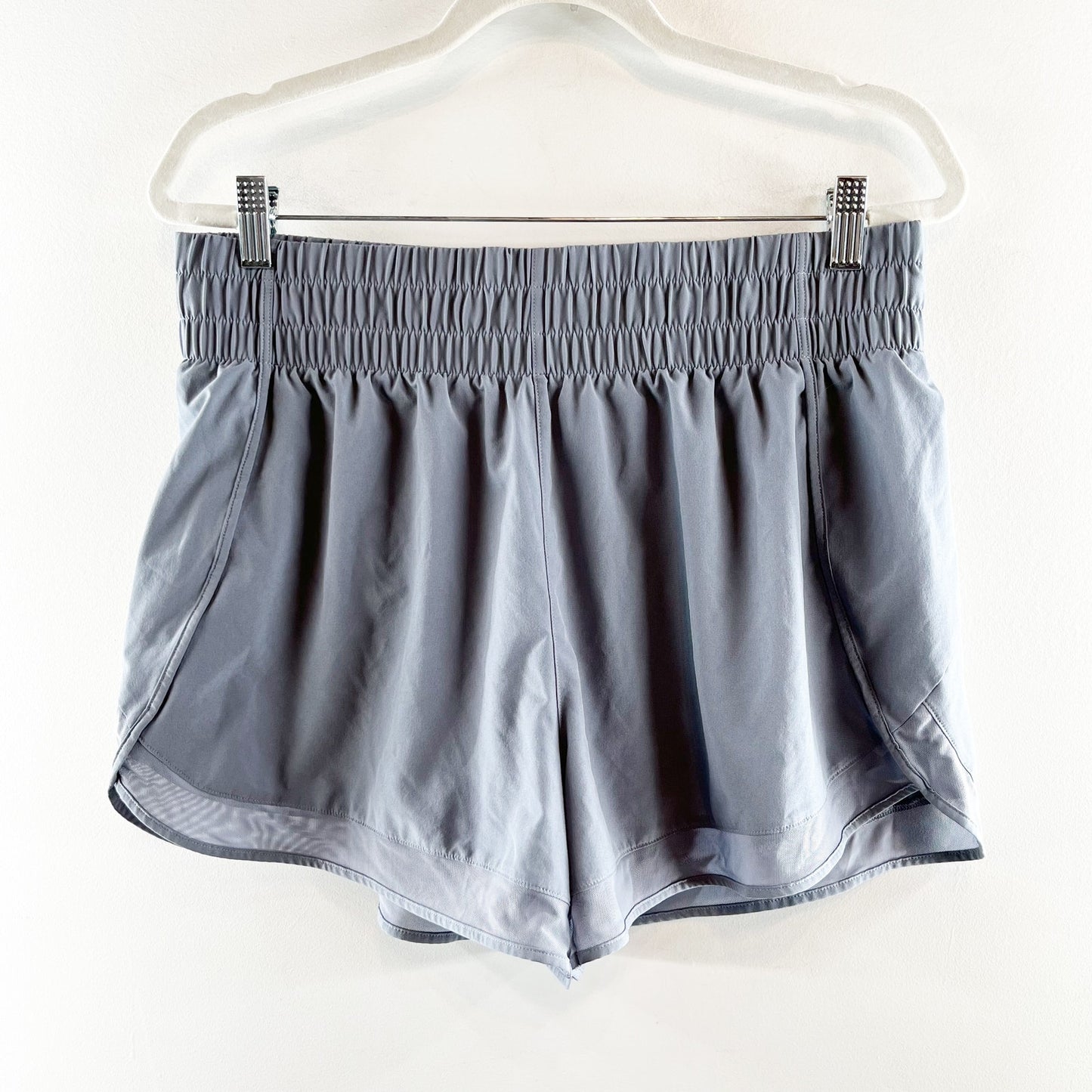 Athleta High Rise Mesh Racer Run Lined Running Shorts Gray Blue Large