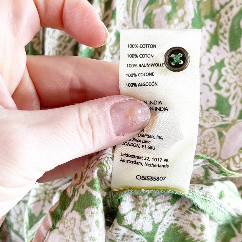 Anthropologie Floral Ruffled V-Neck Peasant Blouse Green Floral Print Small