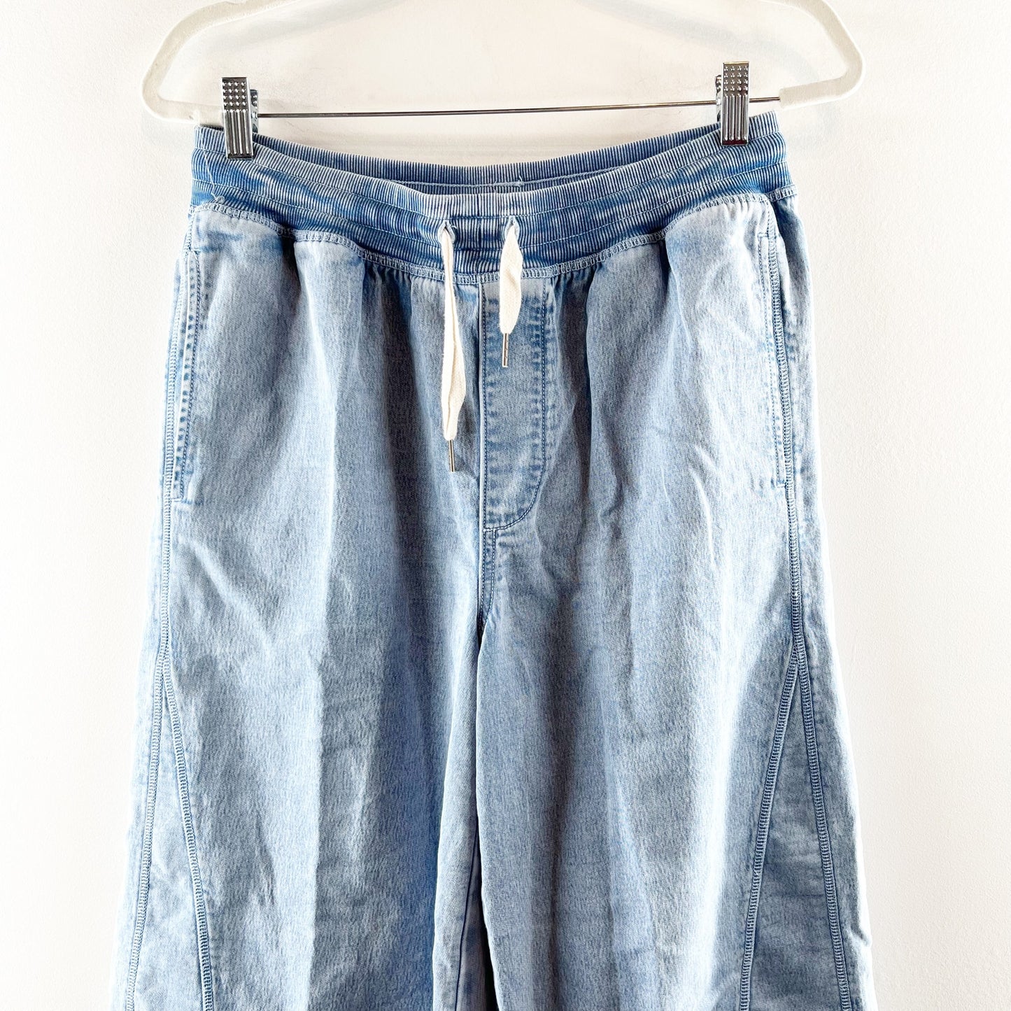 Aerie Soft Landing High Rise Wide Leg Raw Hem Trouser Pants Blue Denim Medium