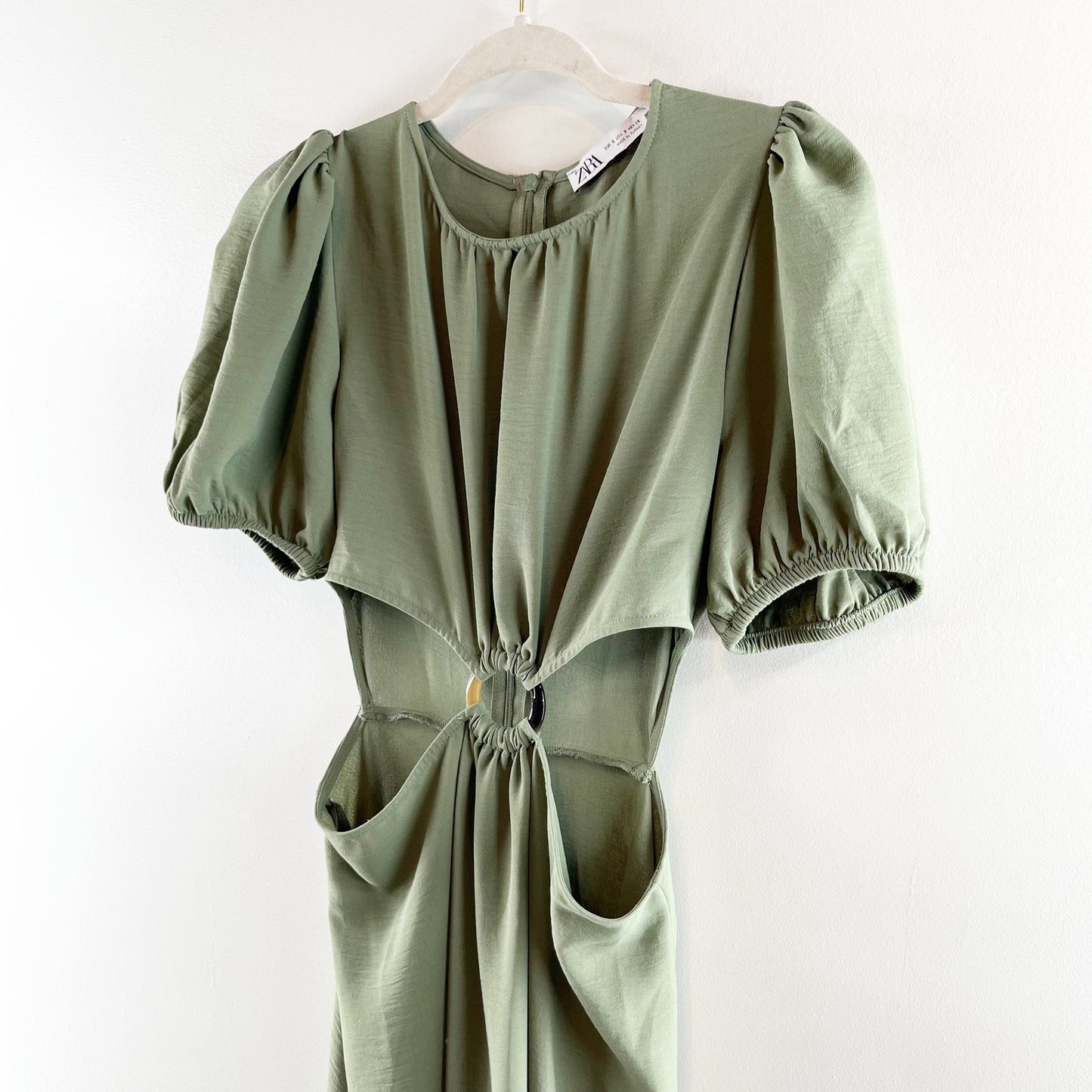 Zara Short Puff Sleeve Round Neck Cut Out A-Line Midi Dress Green Small
