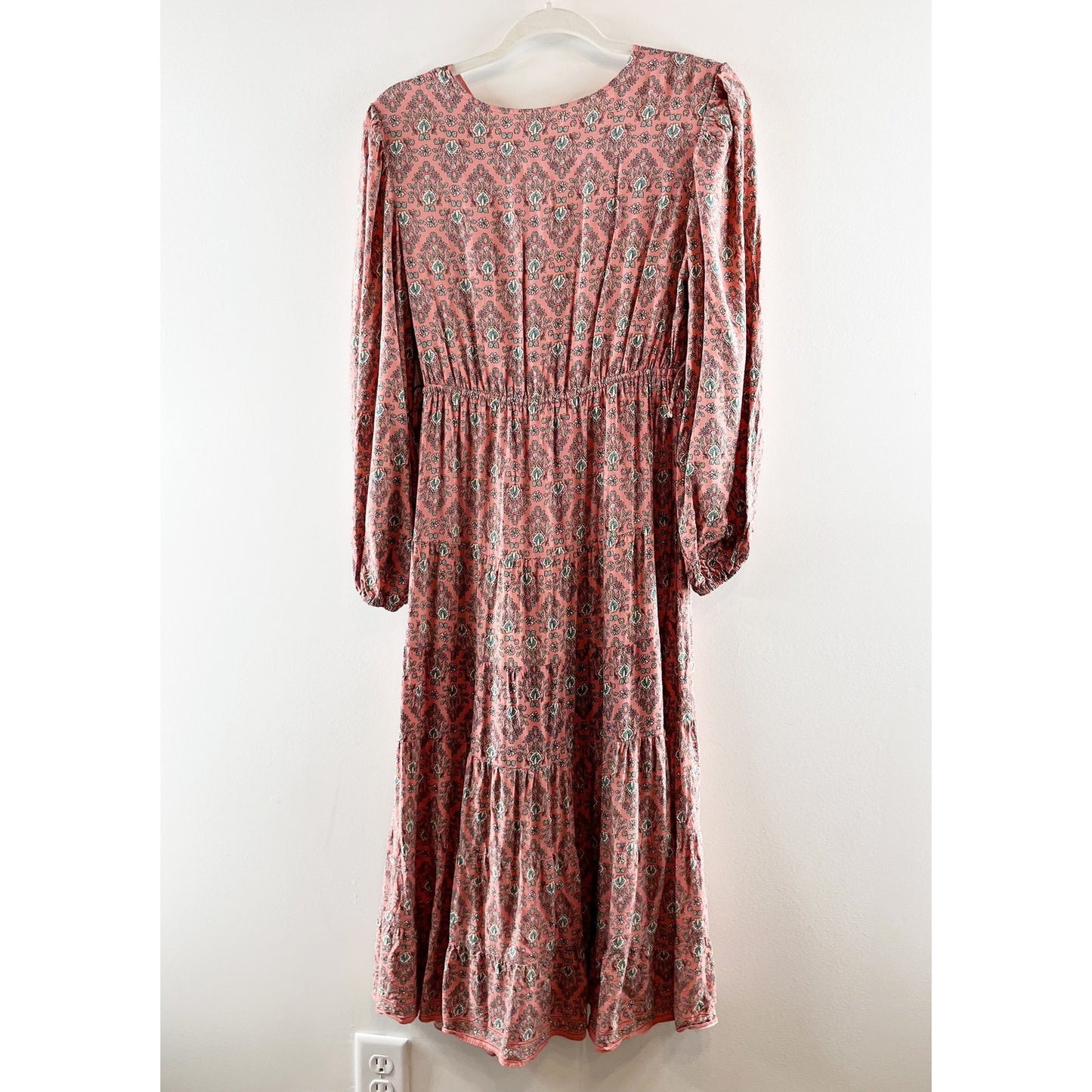 Max Studio Long Sleeve V Neck Printed Midi Dress Maroon Red Small
