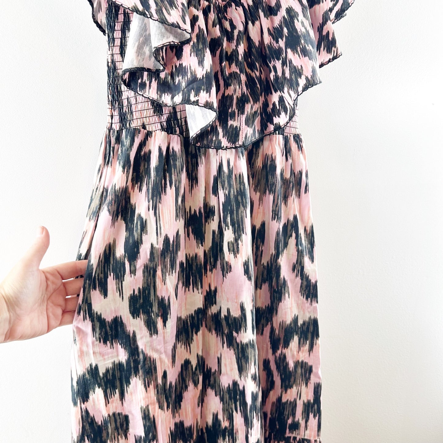 Maria Cher Dabir 100% Cotton Ruffle Trim V-Neck Smocked Midi Dress Pink Black XS