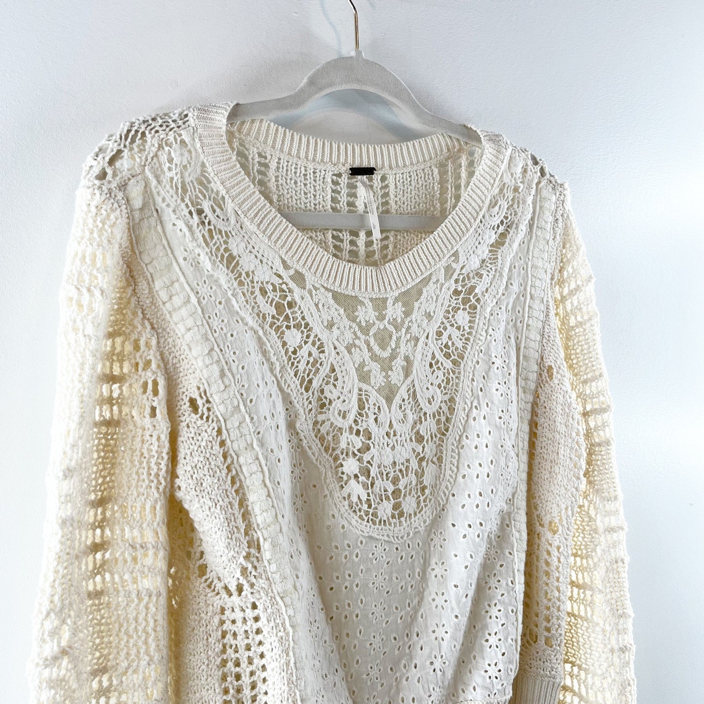 Free People Cotton Crochet Long Sleeve Crewneck Sweater Ivory Large