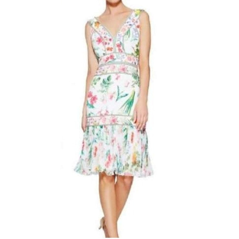 Tadashi Shoji V Neck Pleated Hem Floral Olga Dress White 10