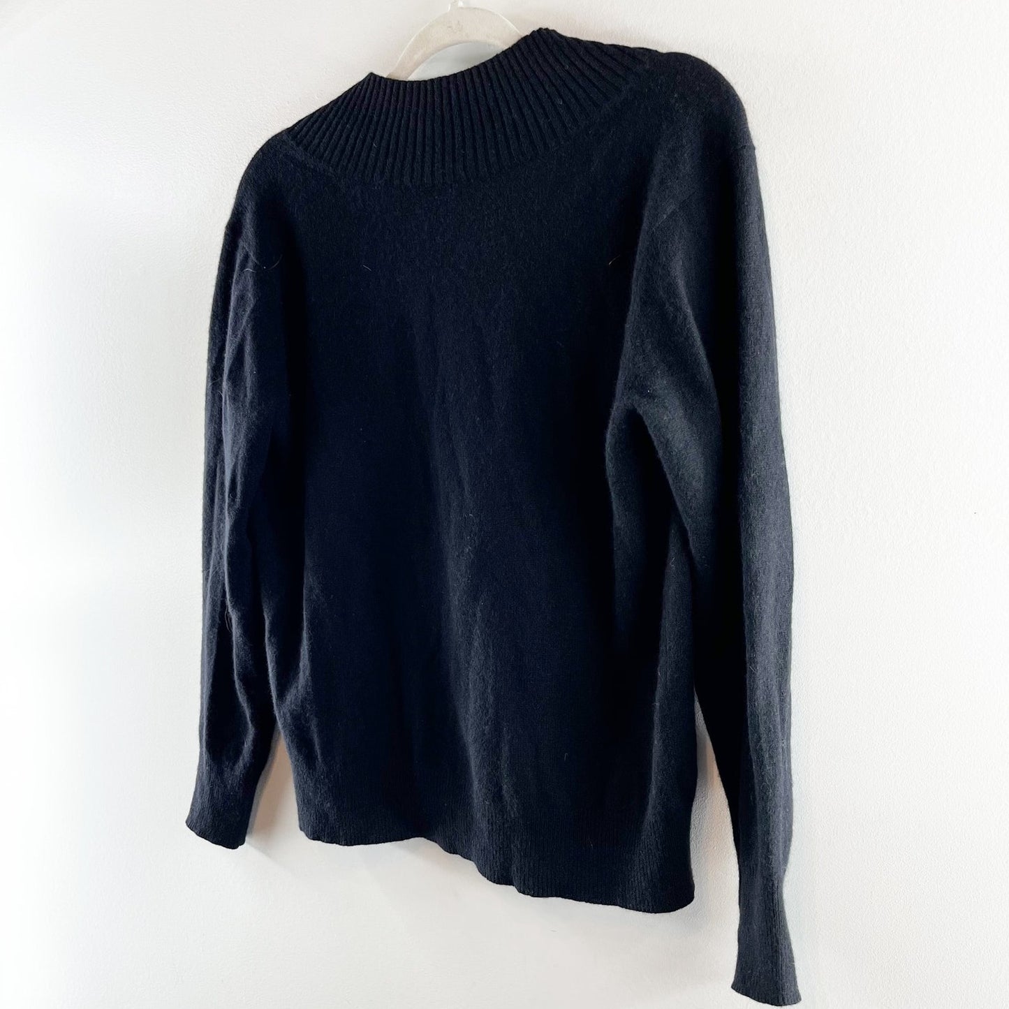 360 Cashmere Ribbed Trim Mock Neck Tie Back Pullover Sweater Black Small