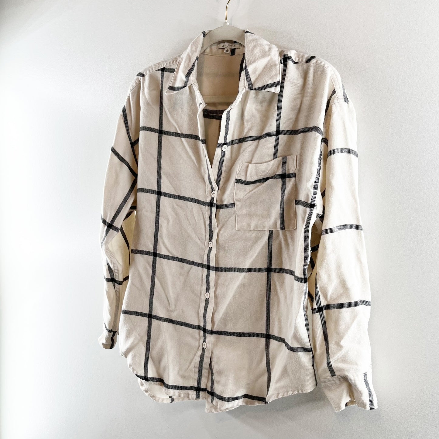 Z Supply River Windowpane Long Sleeve Pocket Button Up Shirt Cream Black Small