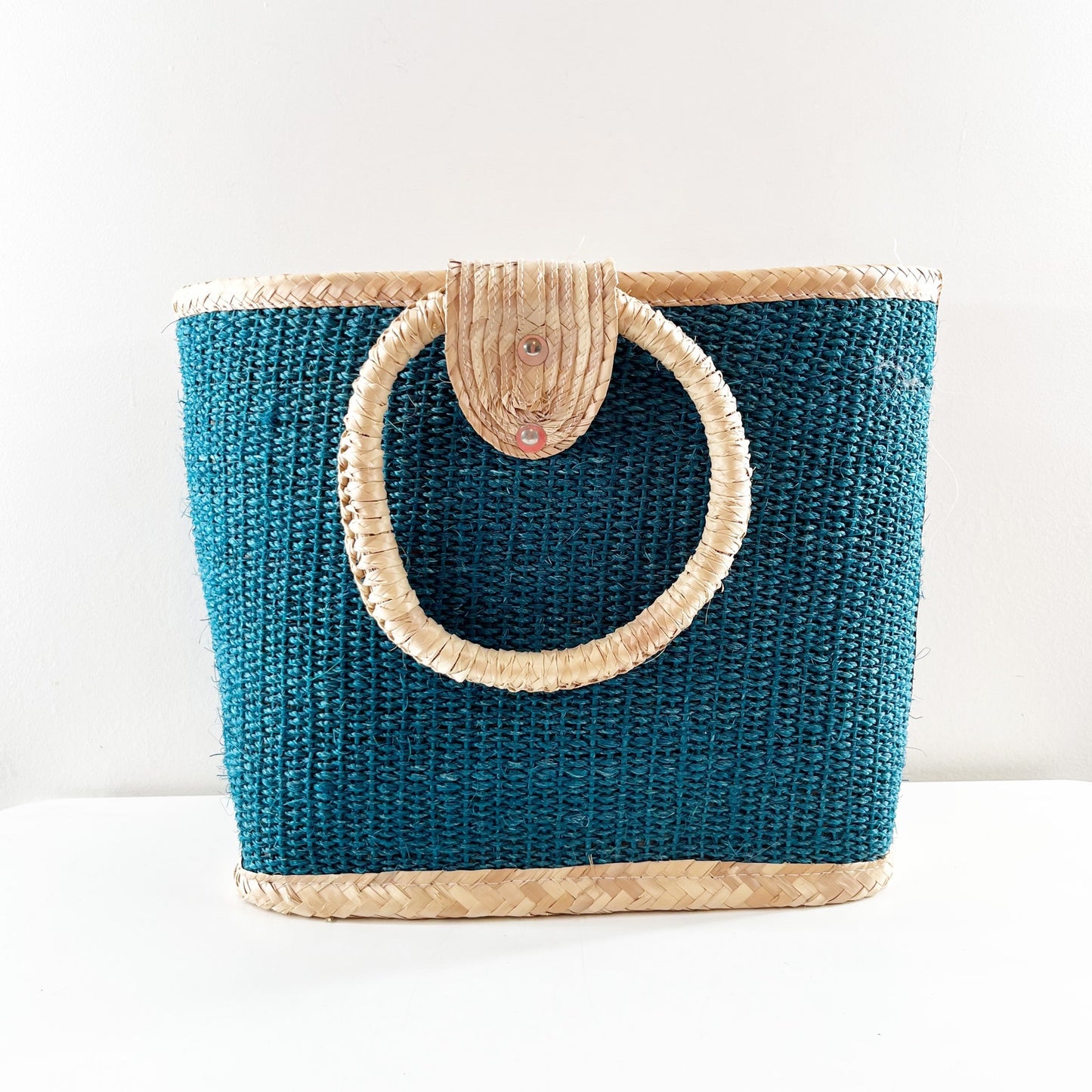 Round Double Handle Medium Straw Bucket Tote Handbag Teal Blue Beige