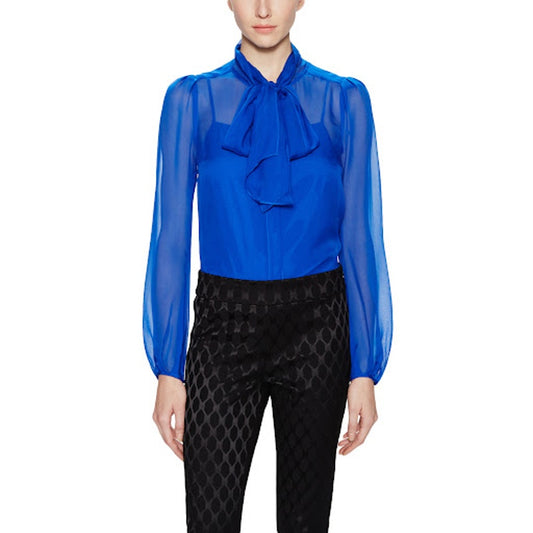 Diane Von Furstenberg Jezebel Tie Neck Chiffon Sheer Button Up Blouse Blue 6