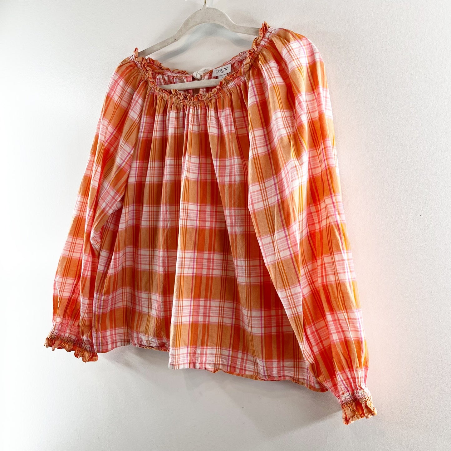 j. Crew Long Sleeve Ruffle Tie Back Plaid Cotton Blouse Top Orange Pink Large