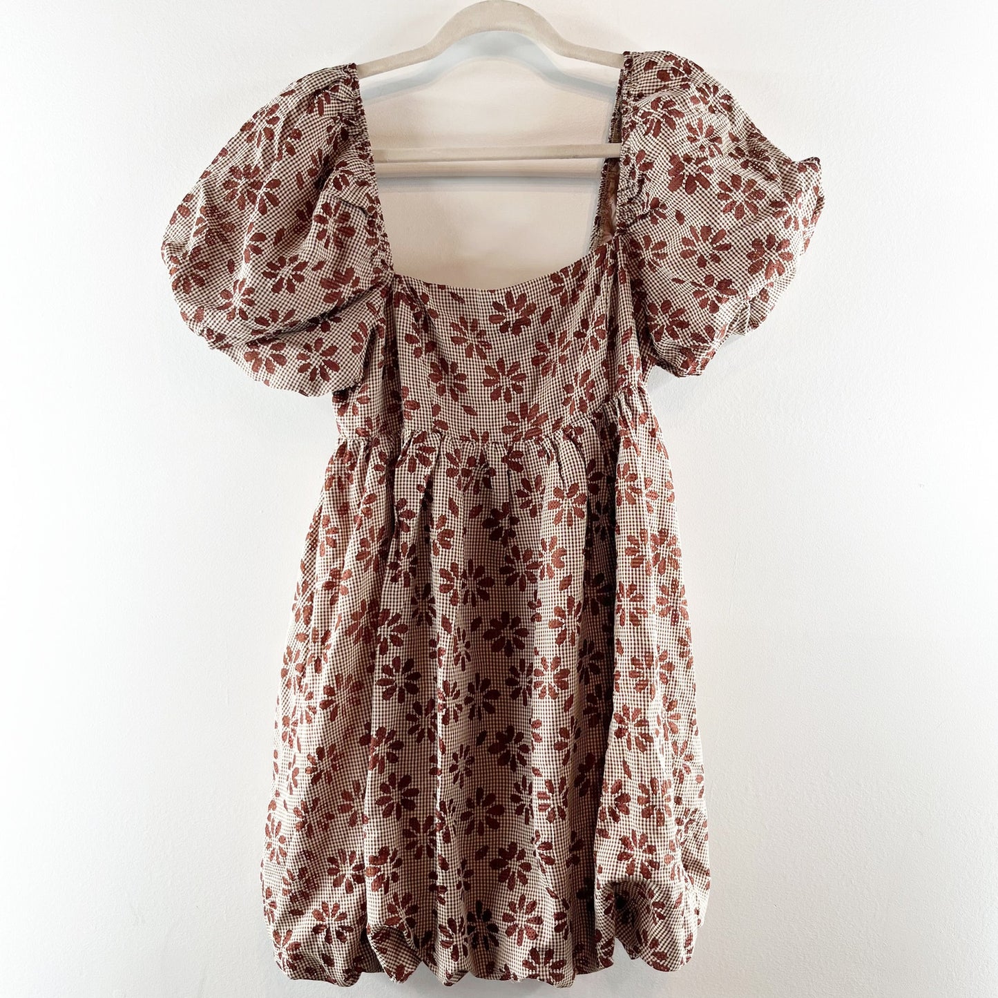 Storia Short Puff Sleeve Square Neck Floral Daisy Bubble Hem Mini Dress Brown M
