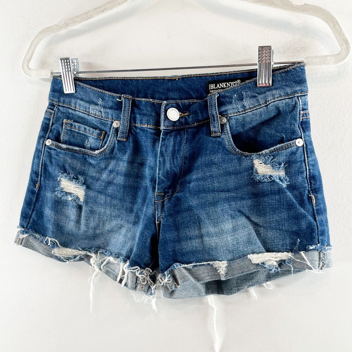 Blank NYC The Fulton Distressed Cutoff Mid Rise Jean Shorts Blue 25