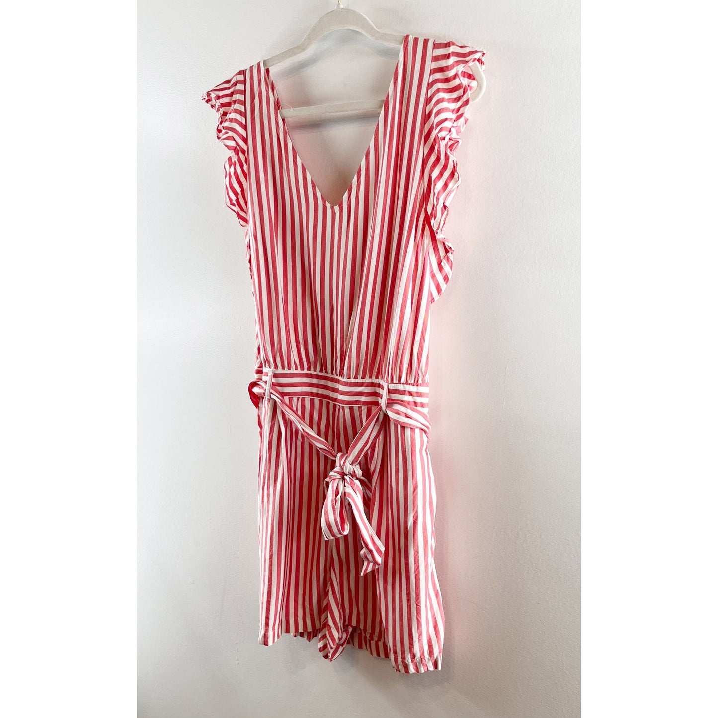 LOFT Striped V Neck Ruffle Shoulder Belted Romper Red White 12
