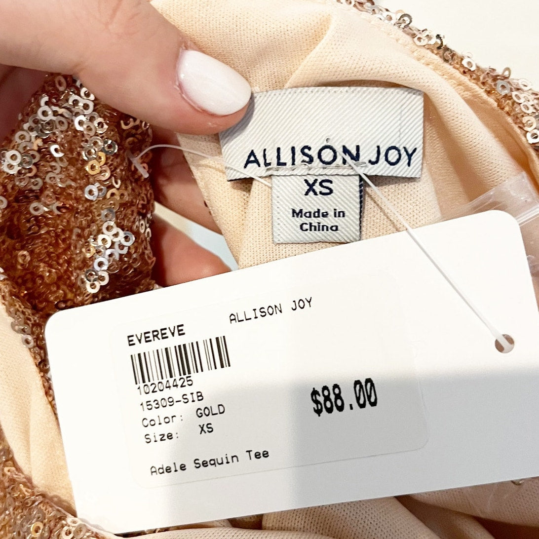 Allison Joy Evereve Adele Puff Short Sleeve Sequin Tee Shirt Top Gold XS