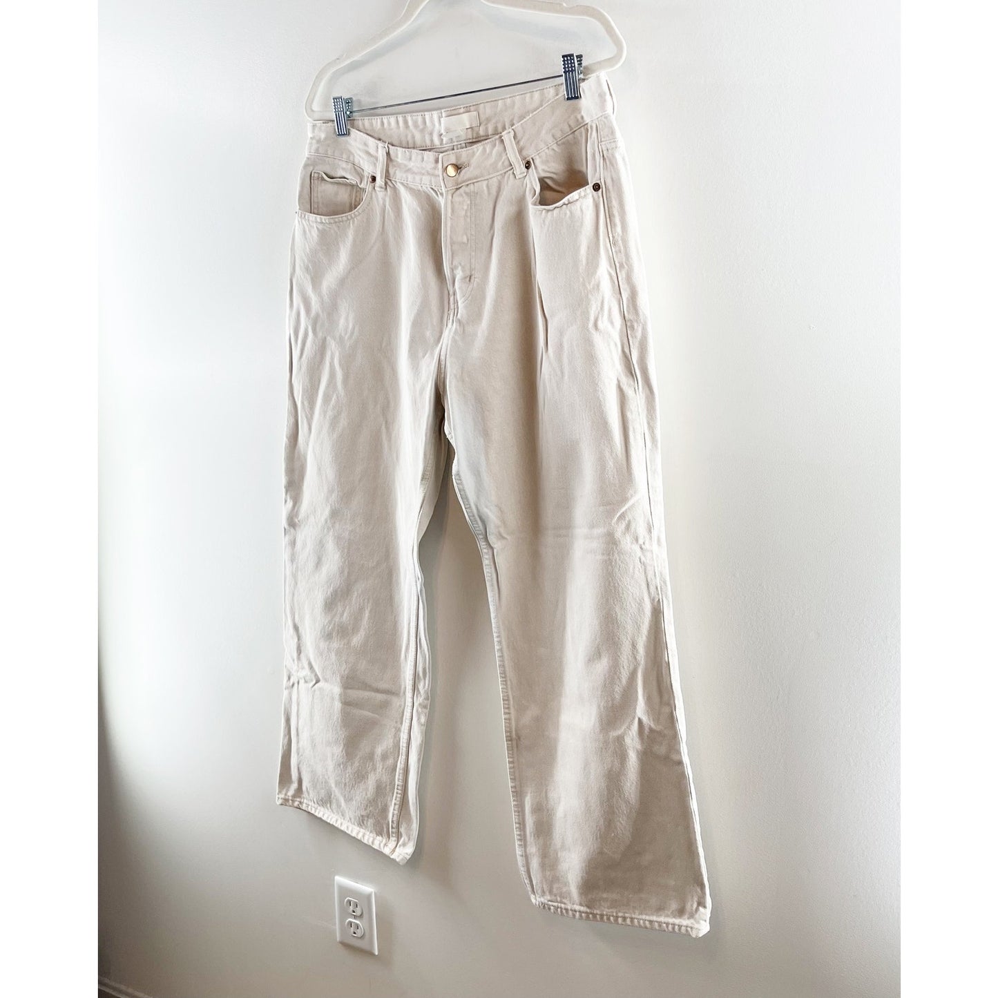 H&M High Rise Cotton Button Fly Straight Leg Jeans Cream Bone 14