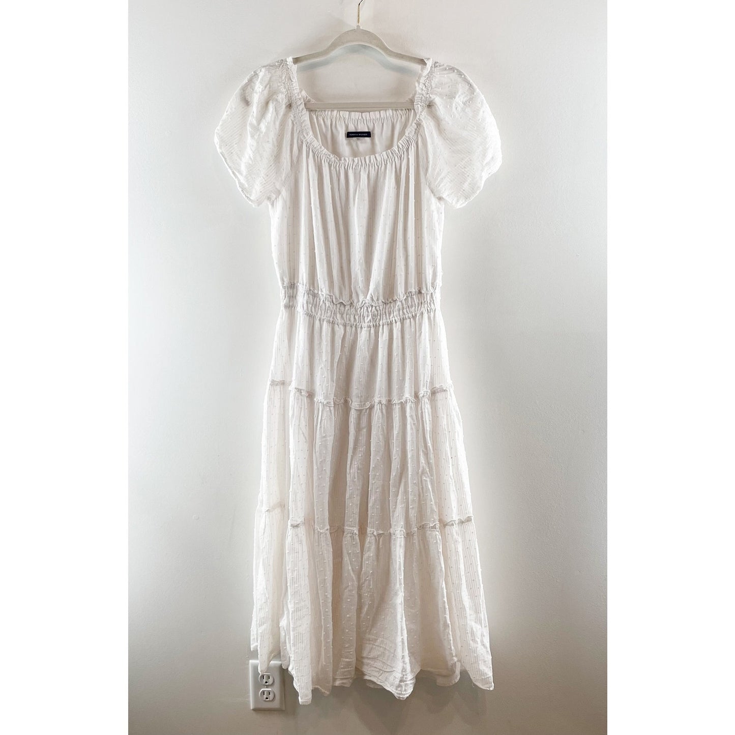Tommy Hilfiger Cotton Puff Short Sleeve Tired Midi Dress White 10