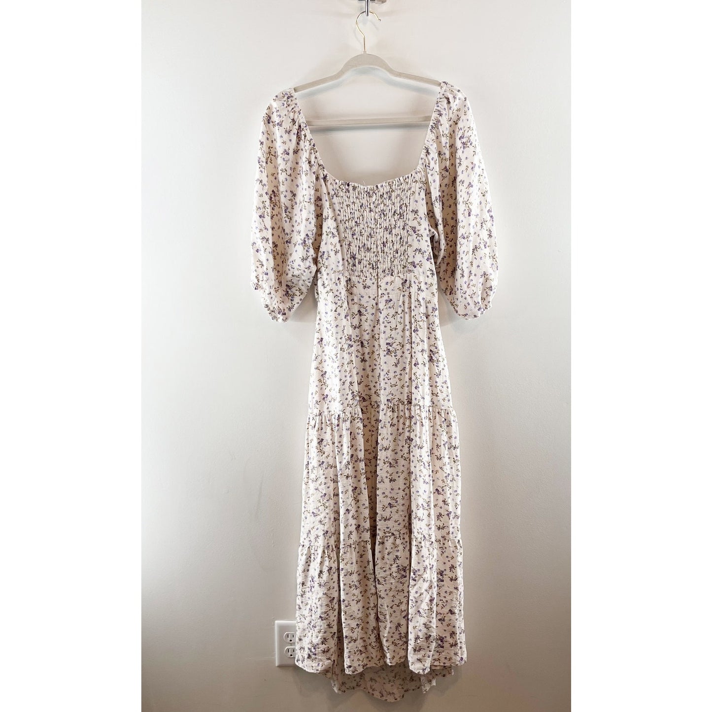 MINKPINK Hailey Floral Puff Sleeve Cutout Midi Dress Off-White Purple XL