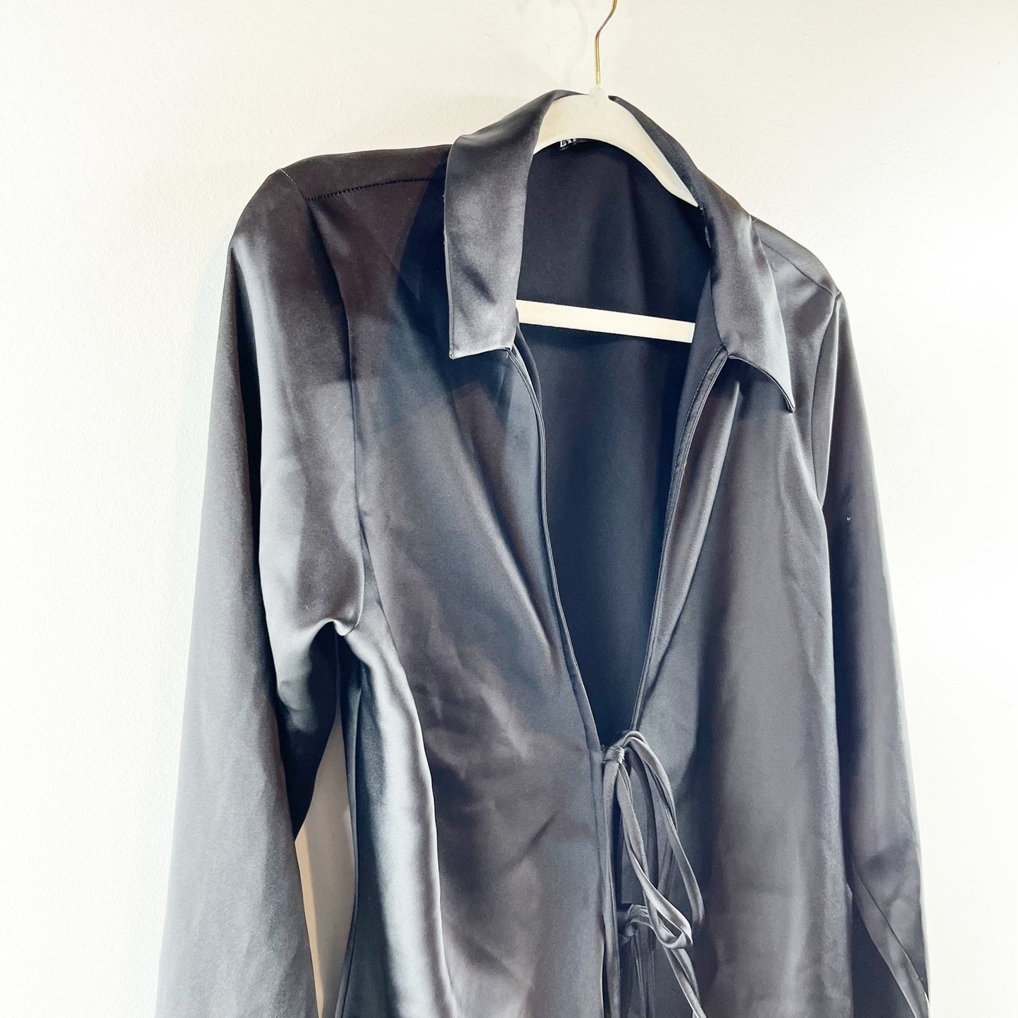 Zara Tie Front Long Sleeve Satin Blouse Shirt Black XL