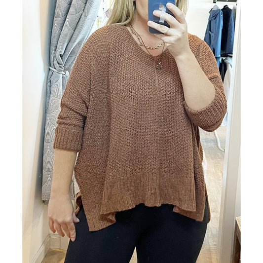In Loom V Neck Slouchy Crochet 3/4 Cuffed Sleeve Sweater Brown XS / S