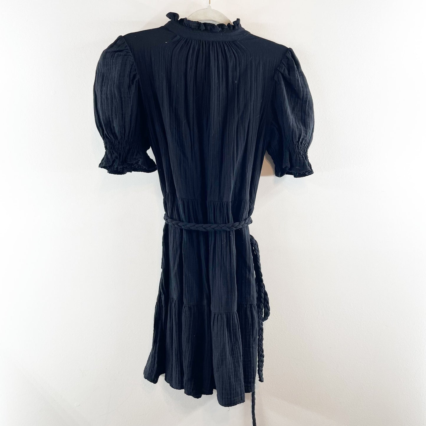 GAP Short Puff Sleeve Belted Crinkle Gauze Tiered Mini Dress Black Small