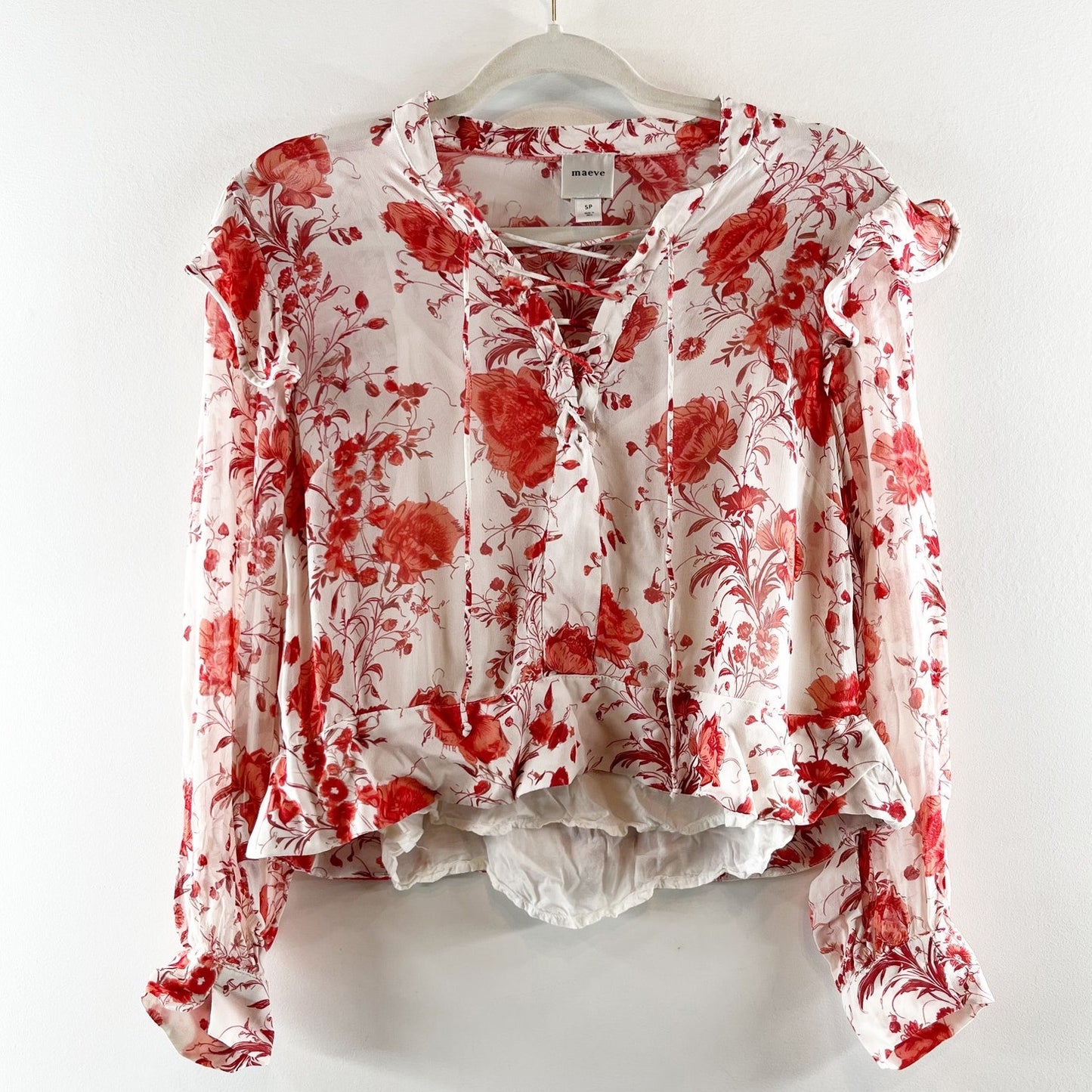 Maeve Floral Print Long-Sleeve Lace-Up Ruffled Sheer Blouse White Red Small P