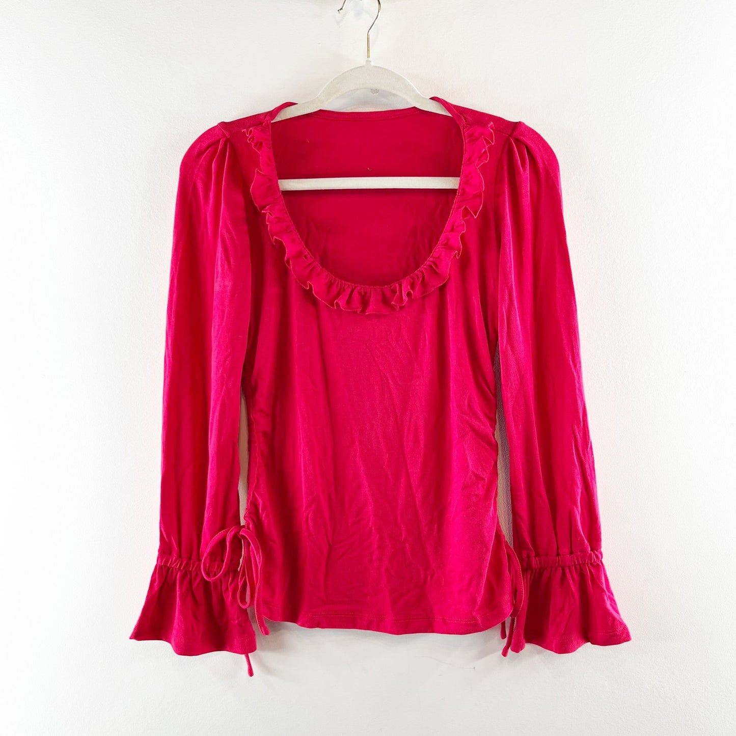 Maeve Anthropologie Long Sleeve Ruffle Scoop Neck Ruched Top Red Small
