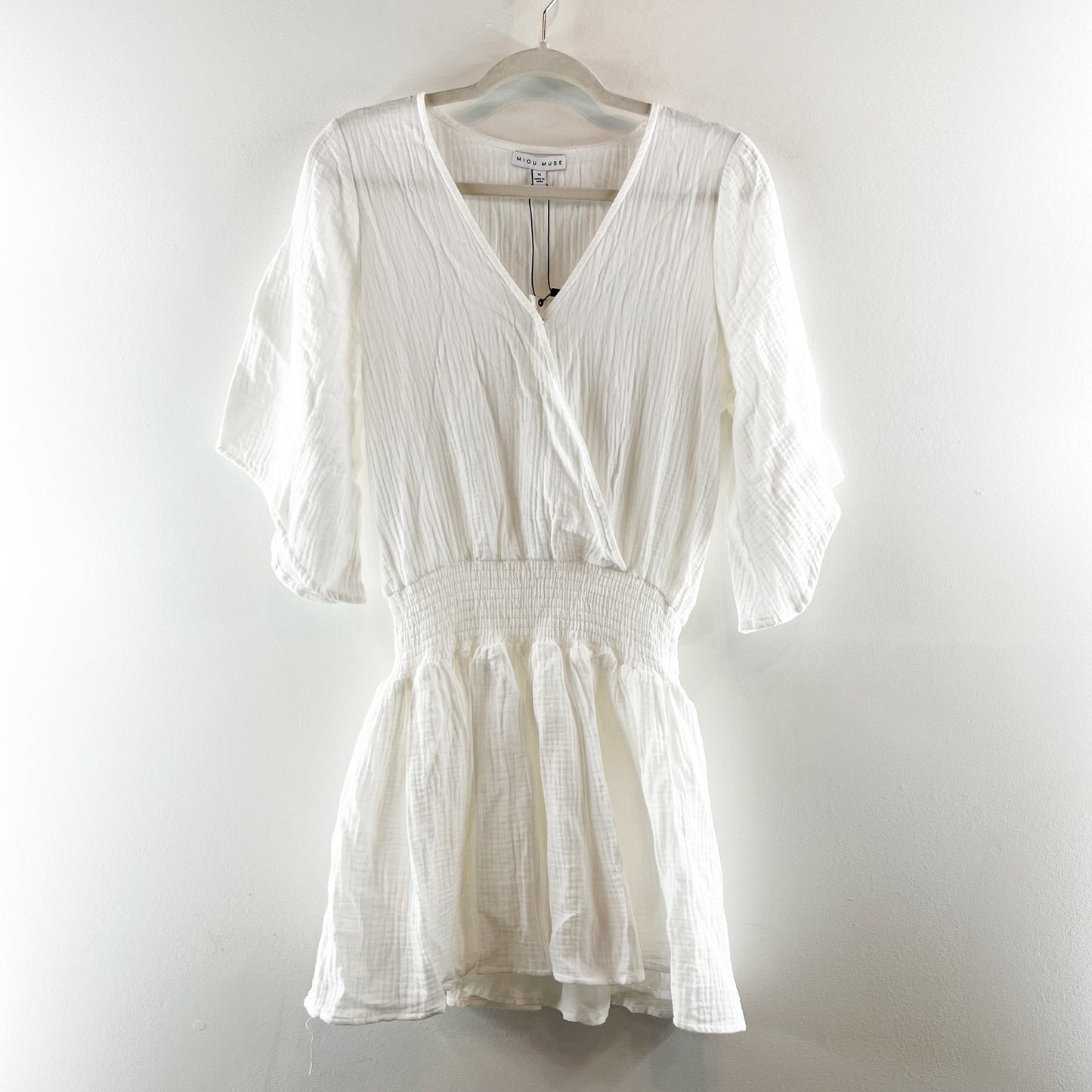 Miou Muse 3/4 Sleeve Surplice V-Neck Cover-Up Mini Dress Gauze White Small