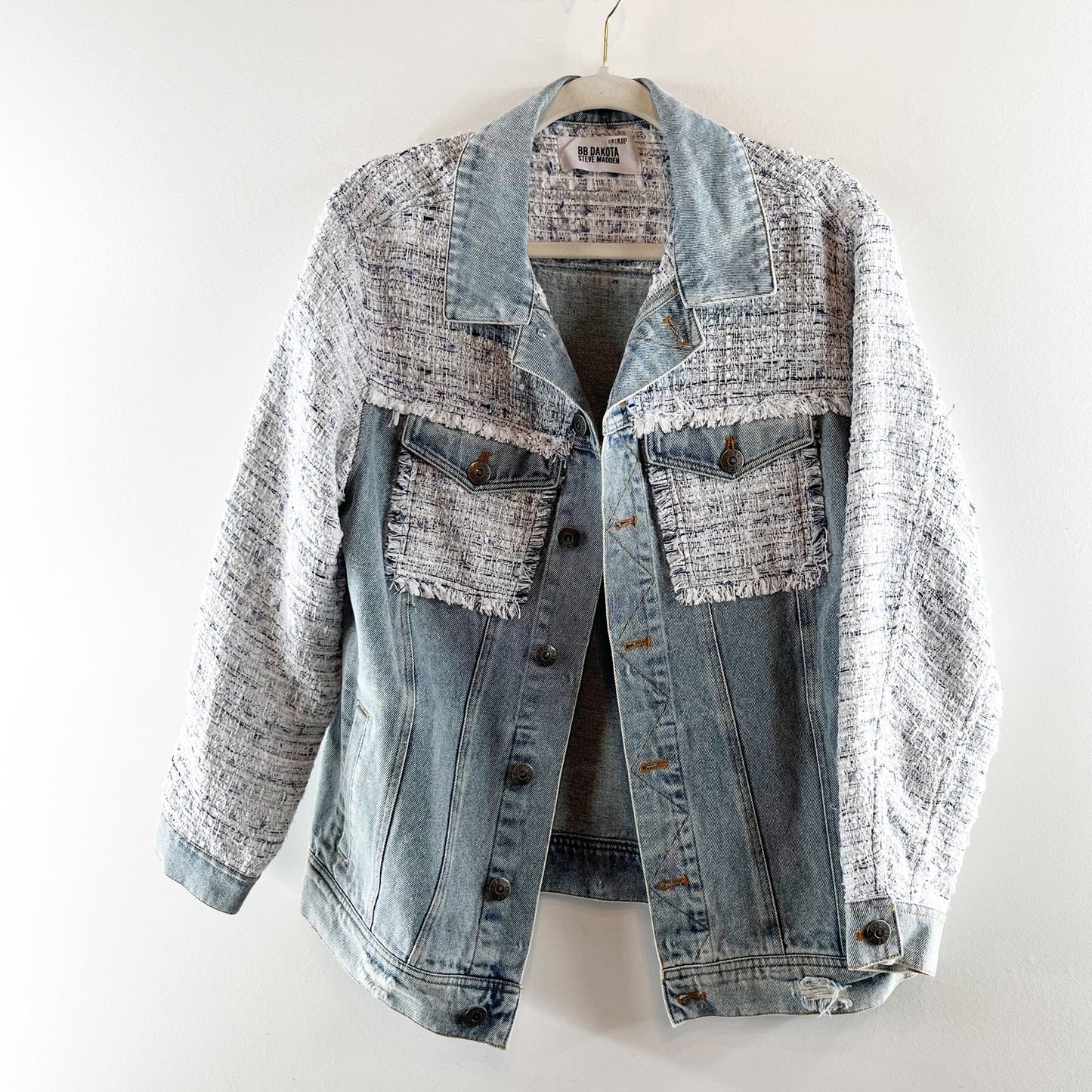 BB Dakota Festival Mixed Media Tweed Denim Jacket Blue Small