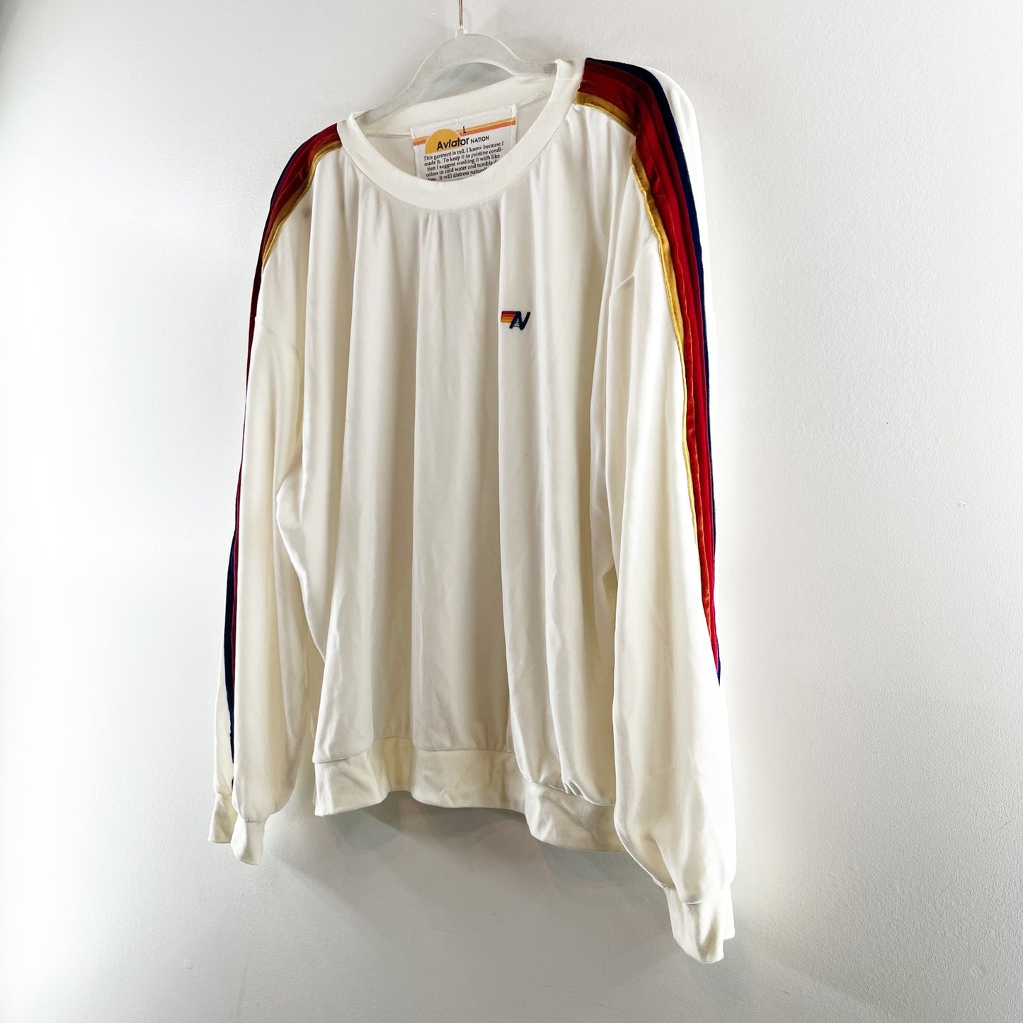 Aviator Nation Crewneck Stripe Velvet Velour Pullover Sweatshirt White Large