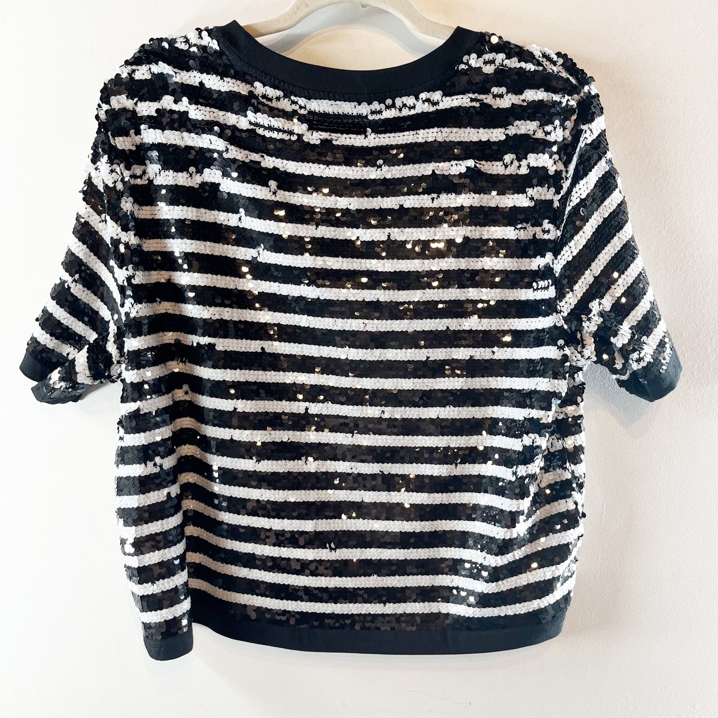 J. Crew Sequin Stripe Boxy Short Sleeve T-Shirt Top Black White XL