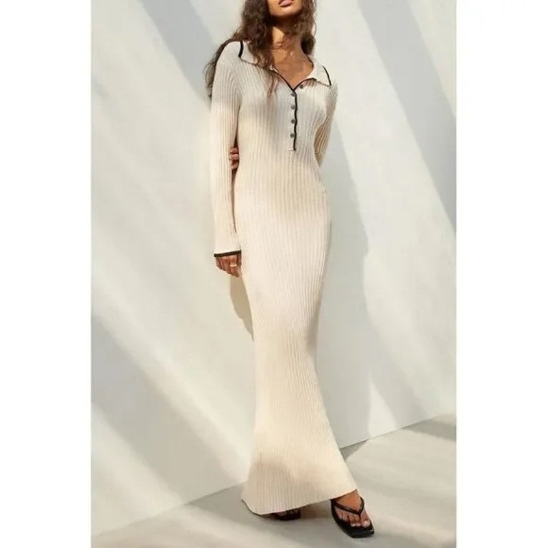Commense Long Sleeve Collared Ribbed Bodycon Maxi Sweater Dress Cream XS