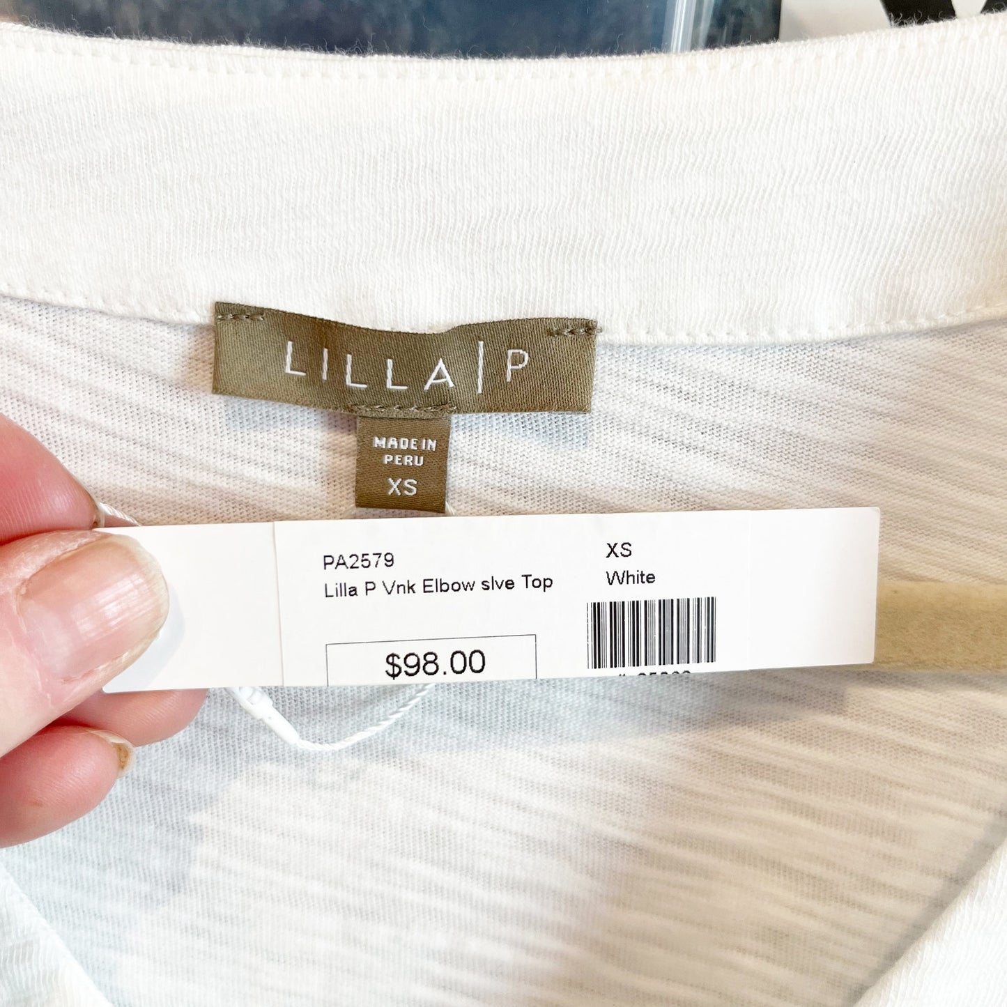 Lilla P V Neck Elbow Sleeve Cotton Tee Shirt White XS