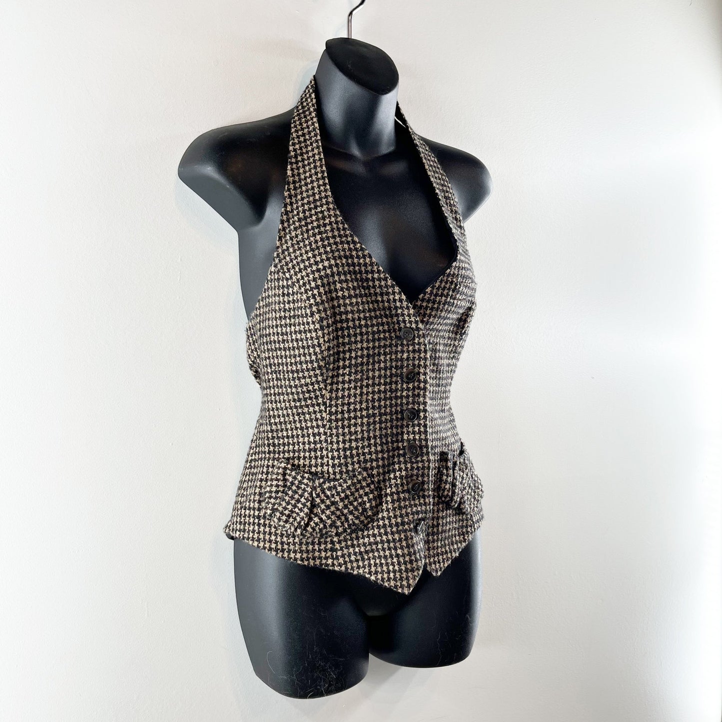 Anne Fontaine Paris Houndstooth Sleeveless Halter Waistcoat Vest Tan Black 40