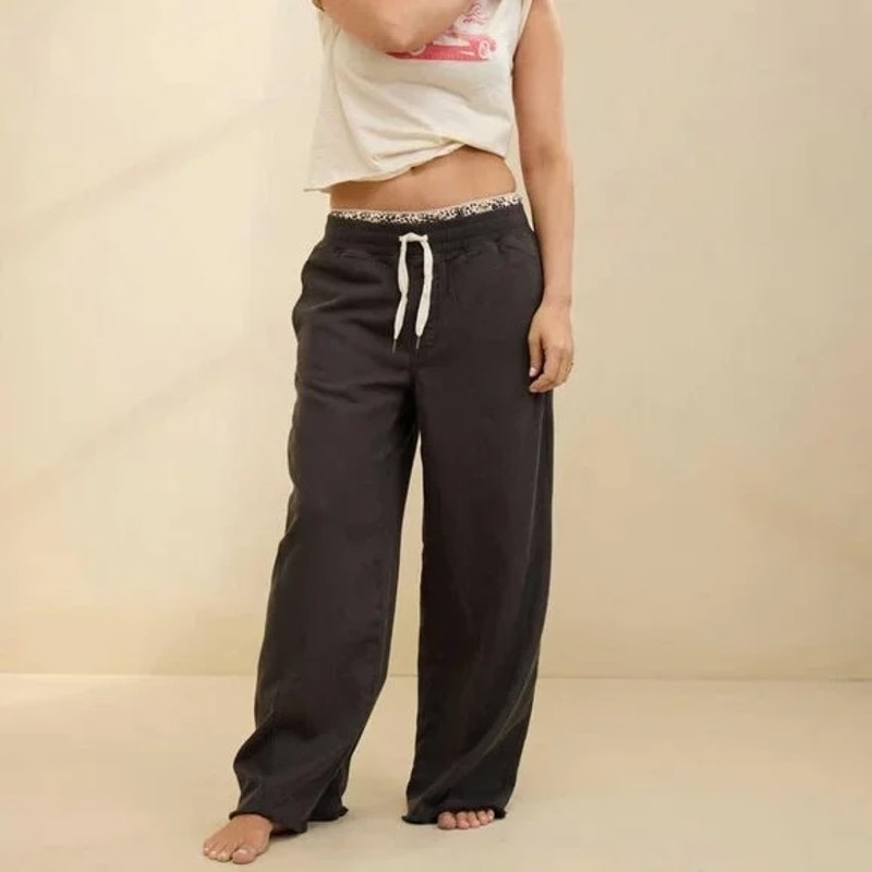 Aerie Soft Landing High Rise Wide Leg Raw Hem Trouser Pants Charcoal Black Large