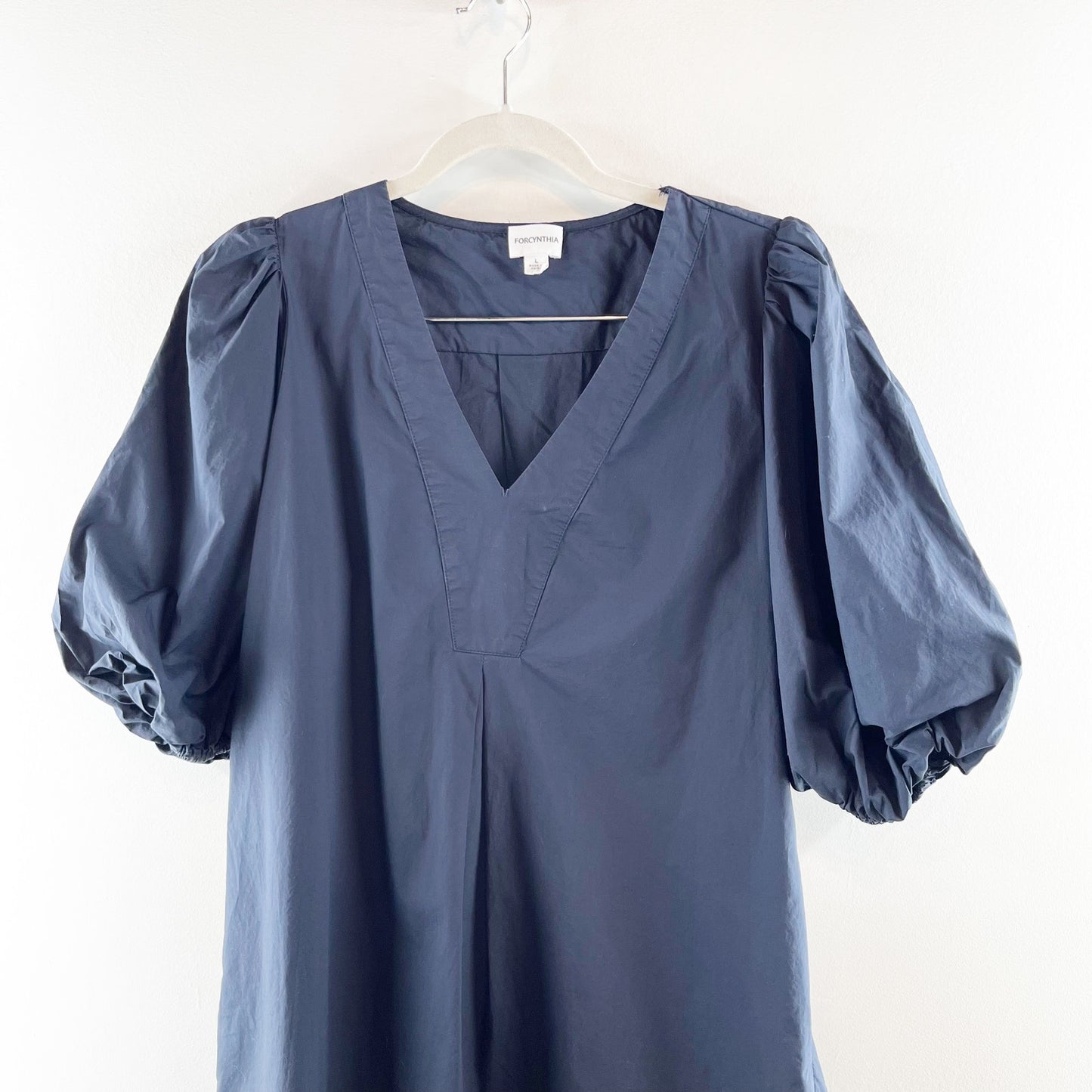 ForCynthia Puff Sleeve V Neck Tunic Cotton Poplin Mini Dress Navy Blue Large