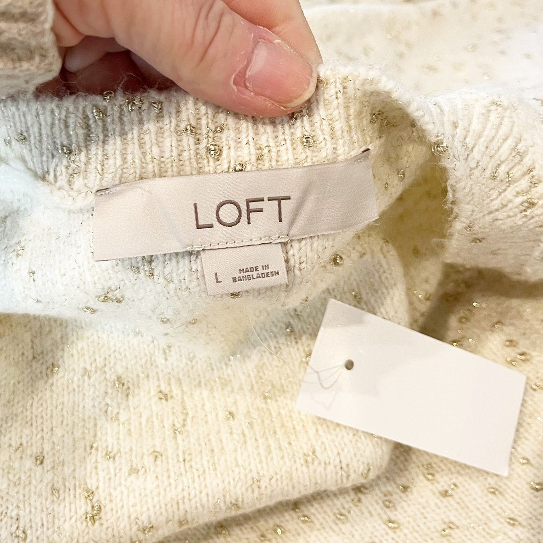 LOFT Shimmer V Neck Long Sleeve Sweater Ivory Cream Gold Large