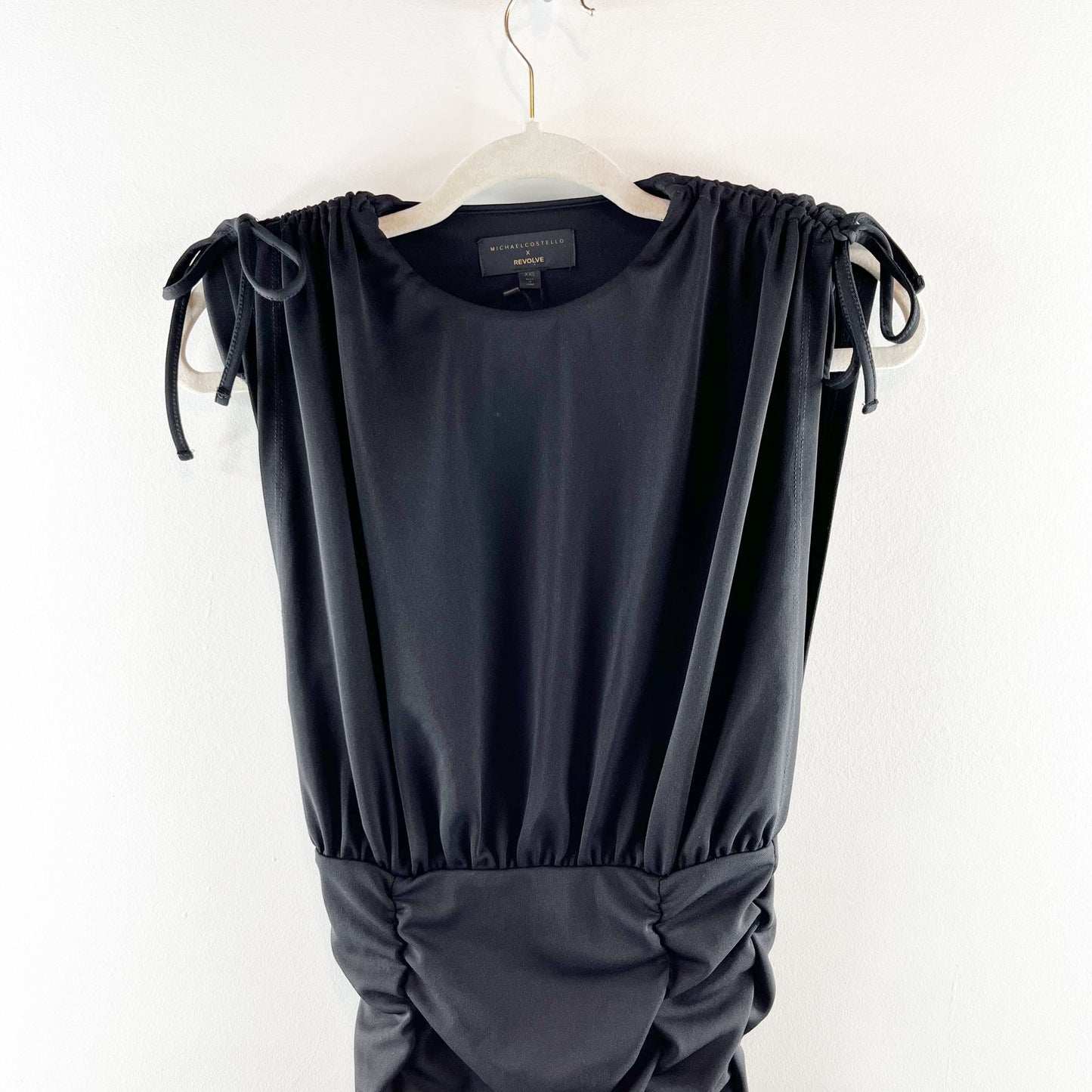 Michael Costello x Revolve Kirsten Ruched Tie Shoulder Mini Dress Black XXS