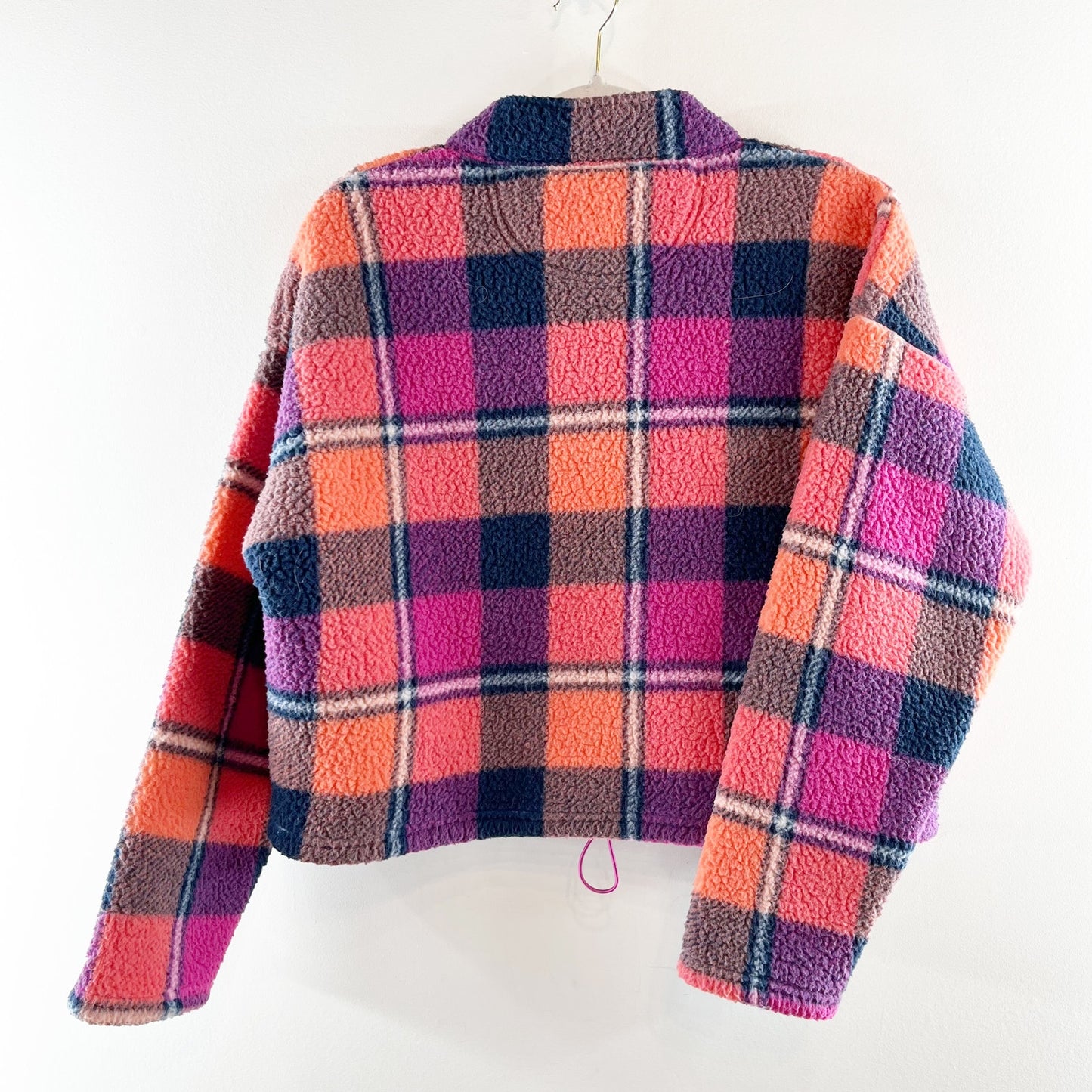 American Eagle 1/4 Zip Sherpa Fleece Pullover Plaid Jacket Pink Orange Medium
