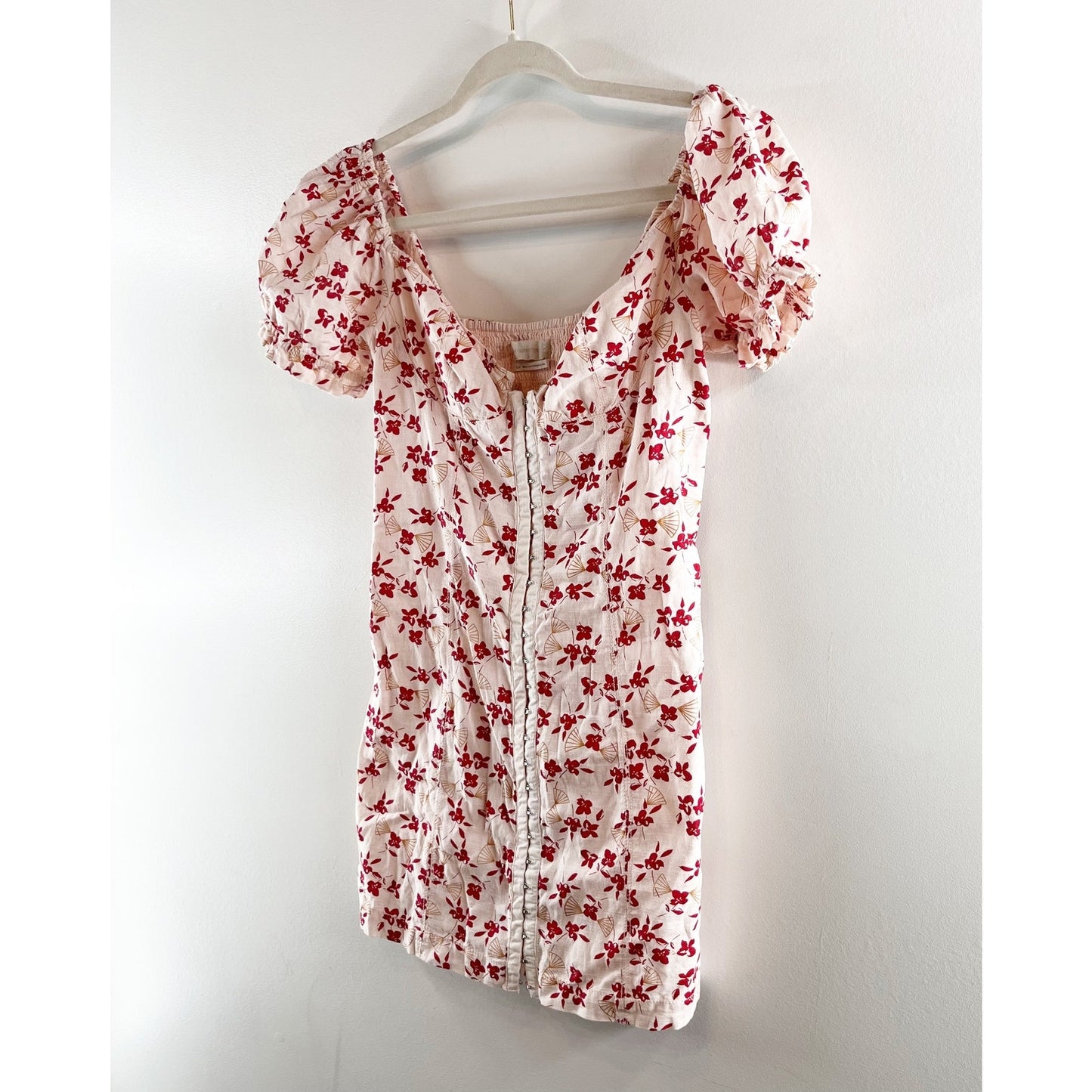 Urban Outfitters Britney Hook & Eye Puff Short Sleeve Mini Dress White Red Small