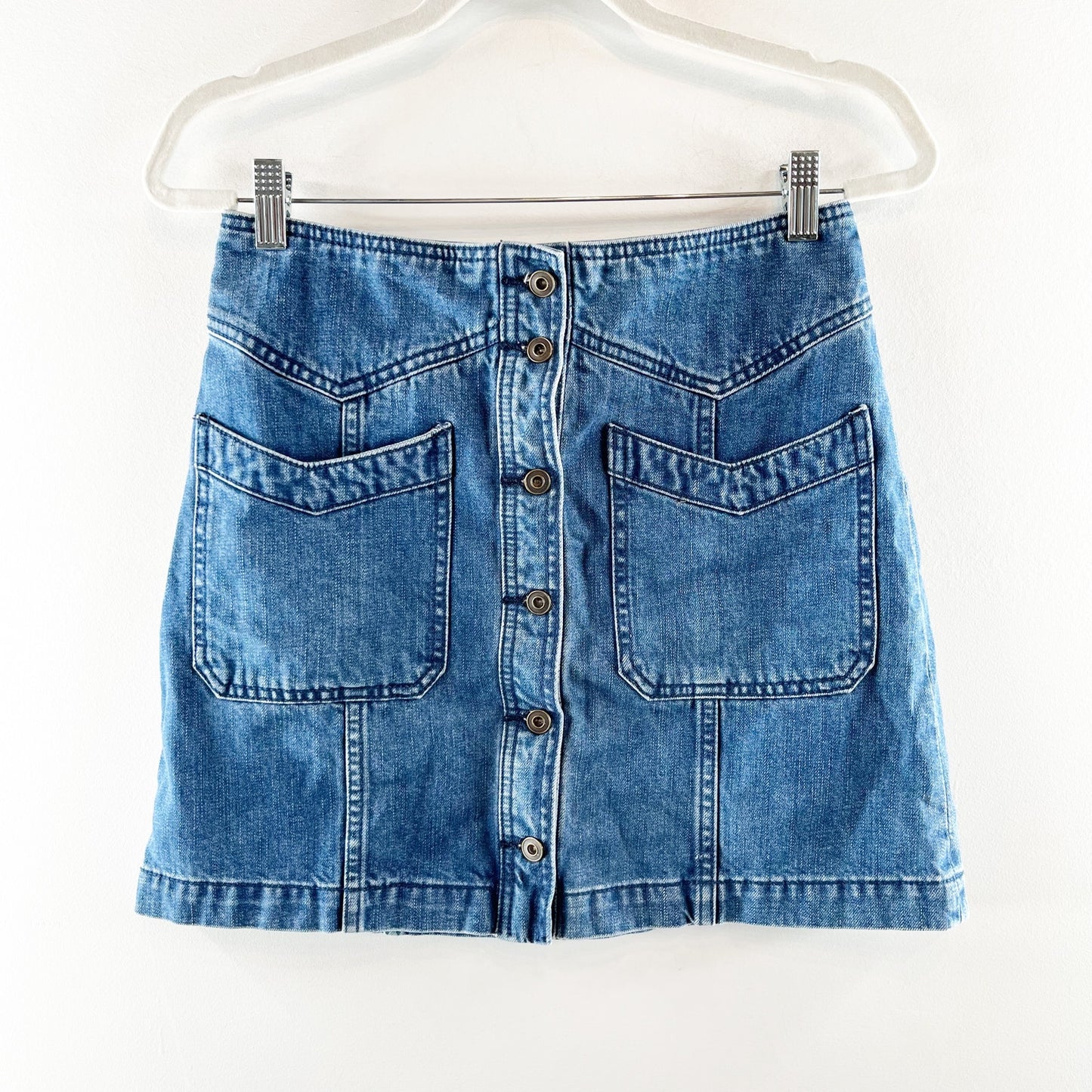 Free People Come a Little Closer Denim Mini Button Up Mini Skirt Blue 4