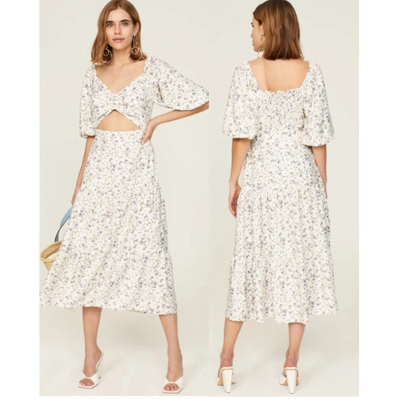 MINKPINK Hailey Floral Puff Sleeve Cutout Midi Dress Off-White Purple XL