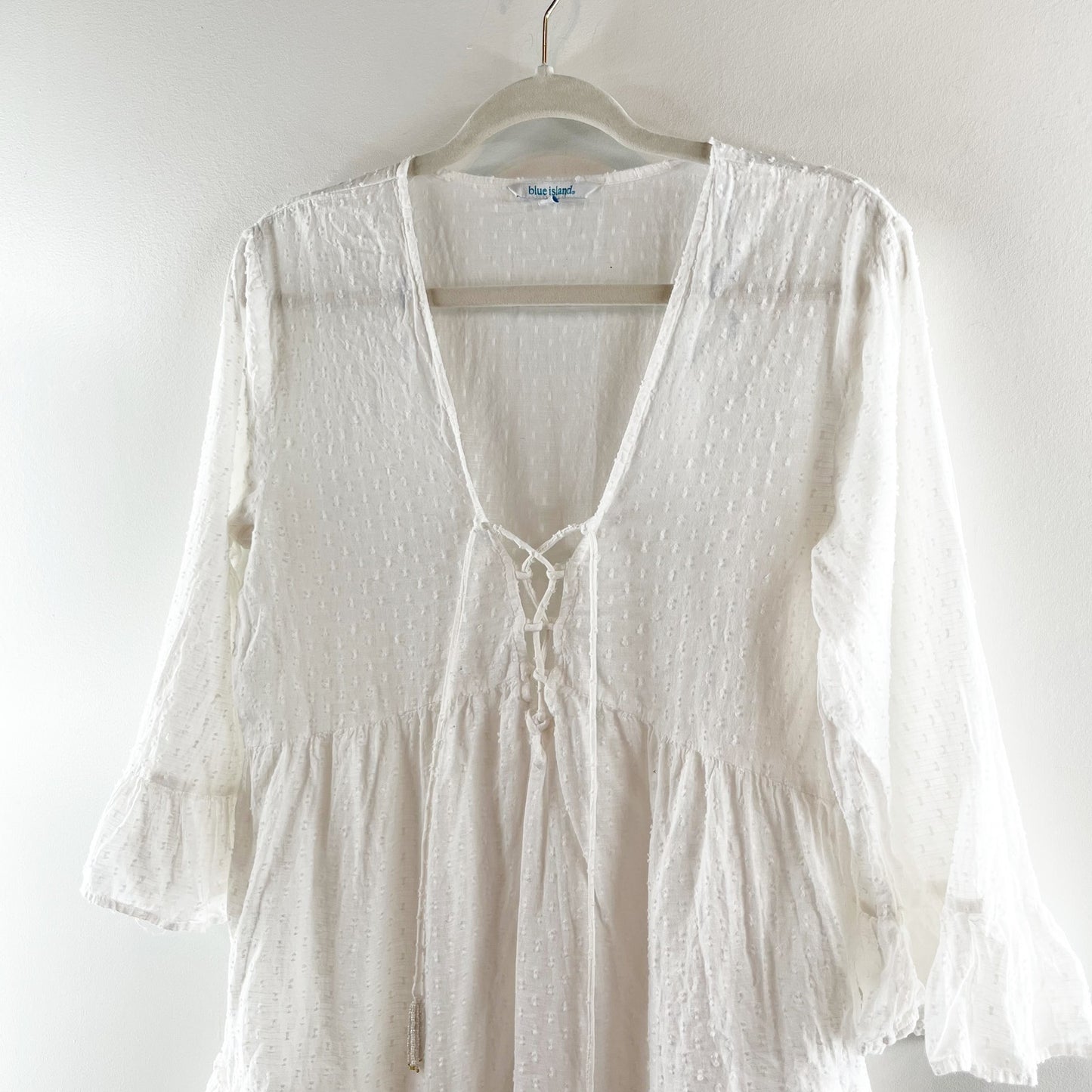 Blue Island Cotton 3/4 Sleeve Ruffle Hem Swim Cover Up White Small