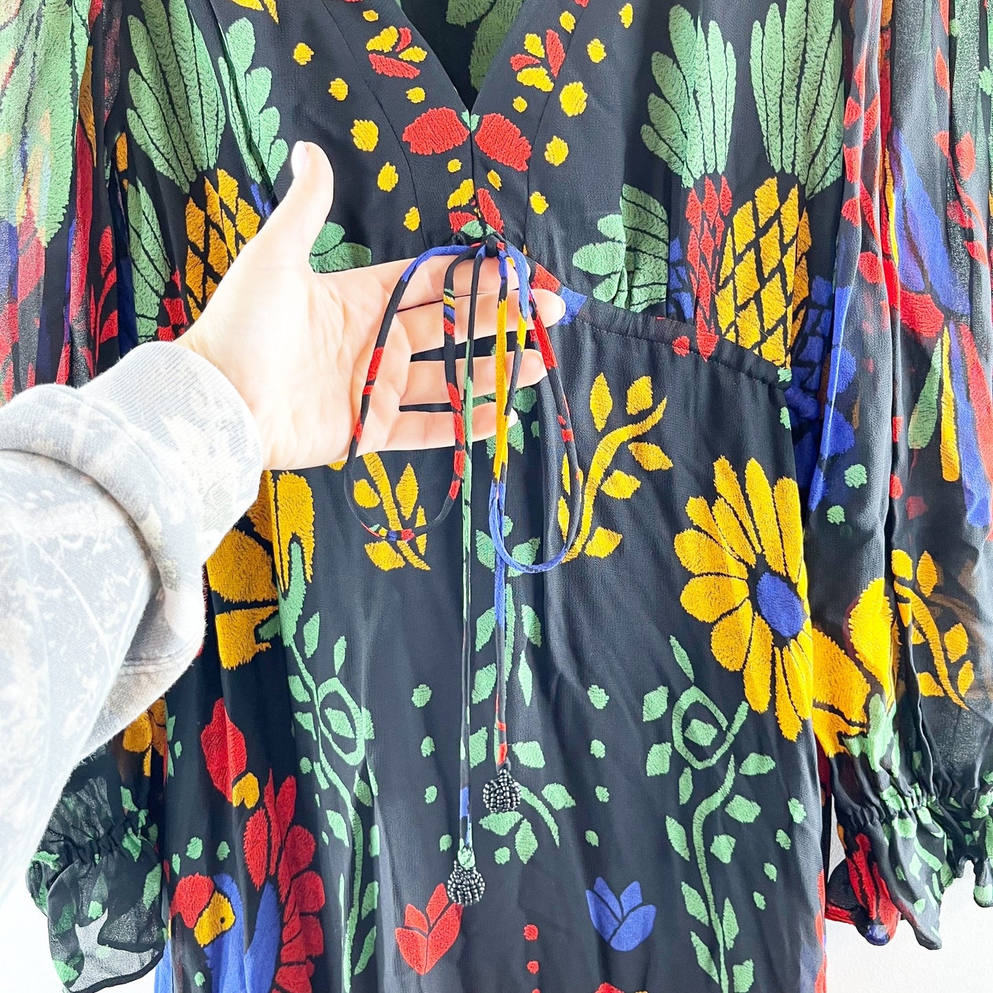 Farm Rio Georgette Tropical Puff Sleeve V-Neck Ruffle Maxi Dress Black Medium