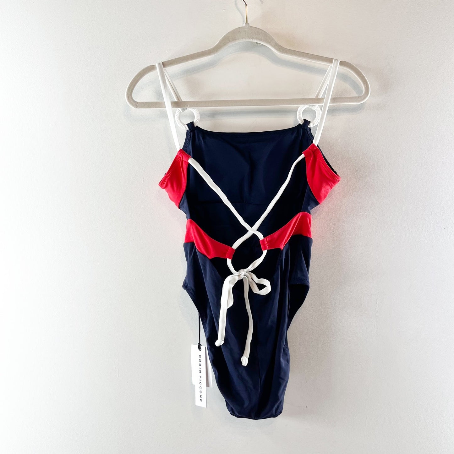 Robin Piccone Babe Colorblock Strappy Back One-Piece Swimsuit Navy Blue Red 6