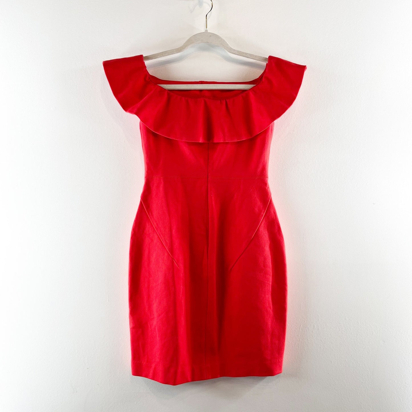 Babaton by Aritzia Emry Off The Shoulder Ruffle Trim Bodycon Mini Dress Red US 4